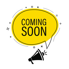Male hand holding megaphone with Coming soon speech bubble. Loudspeaker. Banner for business, marketing and advertising. Vector illustration.