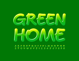 Naklejka premium Vector trendy Emblem Green Home. Playful Glossy Font. Handwritten Alphabet Letters and Numbers set