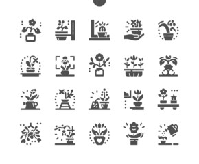 Flowers in pots. Botany and flora. Decorative plant in house. Leaf, gardening and growing. Small flowering cactus in the hand. Vector Solid Icons. Simple Pictogram