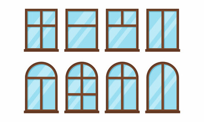 Windows set with brown frames on white background. Vector illustration