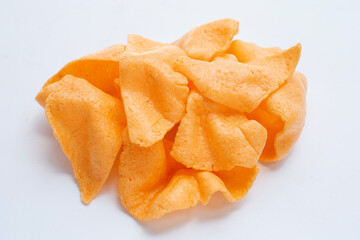 Prawn crackers on white background. Shrimp crispy rice snack