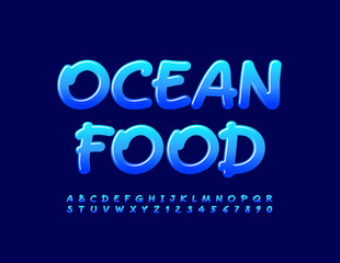 Vector bright Logo Ocean Food.  Trendy Blue Glossy Font. Playful Alphabet Letters and Numbers