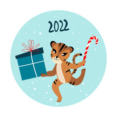 Happy New Year Advertising Sale Shopping Red Banner.Christmas Shopping,Festive Purchase.Cute Cartoon Tiger,Cat with Box,Present Gift.Festive Holiday Poster,Card,Header Website.Advertising Illustration