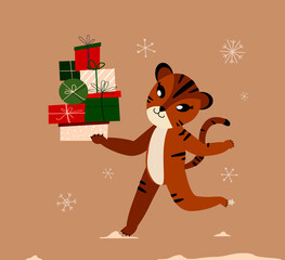 Happy New Year Advertising Sale Shopping Red Banner.Christmas Shopping,Festive Purchase.Cute Cartoon Tiger,Cat with Box,Present Gift.Festive Holiday Poster,Card,Header Website.Advertising Illustration
