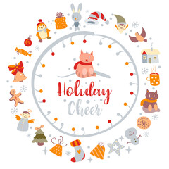 Christmas post card with merry xmas doodles and modern Christmas insignia. Callygraphic logo. Vector