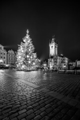 Fototapeta na wymiar Christmas time in Prague. Decorated Christmas tree and Old Town Hall on Old Town Square, Czech: Staromestske namesti, Prague, Czech Republic. Black and white image.