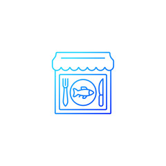 Seafood restaurant gradient linear vector icon. Serving fish, shrimps. Mediterranean cuisine. Marine products cooking. Thin line color symbol. Modern style pictogram. Vector isolated outline drawing