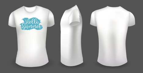 White female t shirt with label. Front, back and side view. Hello summer badge. Vector