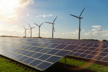Wind turbine and solar panels energy generaters on wind farm