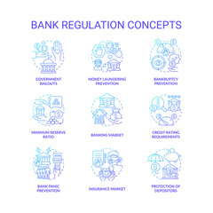 Bank supervision concept icons set. Money laundering preventive measures. Government bailouts. Banking market idea thin line color illustrations. Vector isolated outline drawings
