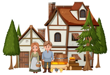 Medieval house with villagers