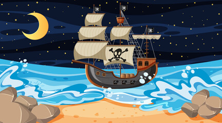 Beach scene at night with Pirate ship in cartoon style