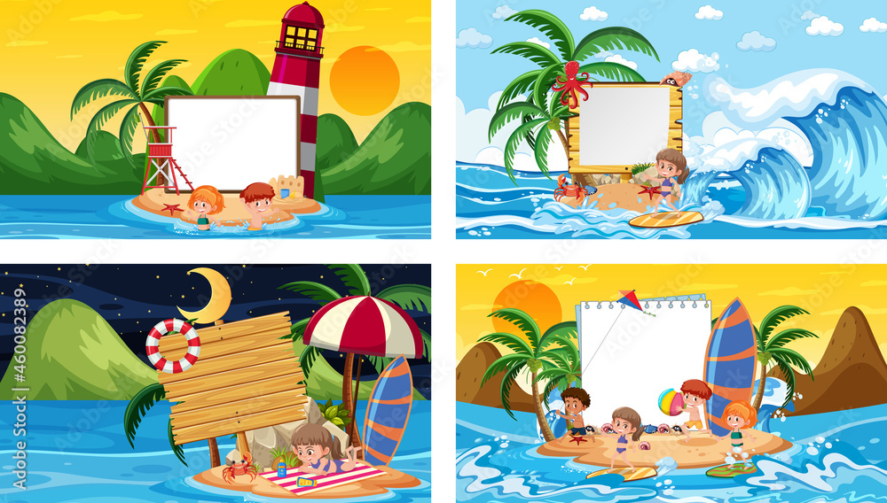 Sticker set of different tropical beach scenes with blank banner