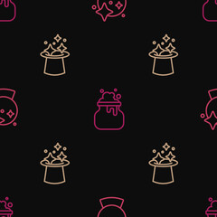 Set line Magic ball, hat and Witch cauldron on seamless pattern. Vector