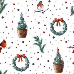 Seamless Christmas pattern with Christmas tree, wreath, winter birds, stars, fir tree branches, Christmas toys on white background. The endless backdrop for holiday decoration, gift wrapping