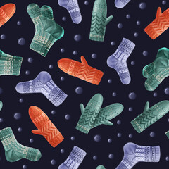 Seamless winter pattern with blue Christmas glass balls, knitted socks, and mittens on black background. Endless botanical background for wrapping paper, scrapbooking, gift wrapping, textile