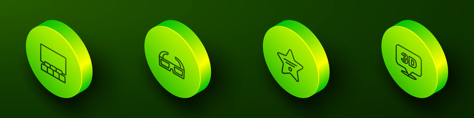 Set Isometric line Cinema auditorium with screen, 3D cinema glasses, Walk of fame star and word icon. Vector