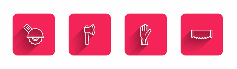 Set line Electric circular saw, Wooden axe, Protective gloves and Two-handed with long shadow. Red square button. Vector