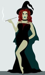 Vector illustration of young red-haired witch with cigarette in a long holder. 