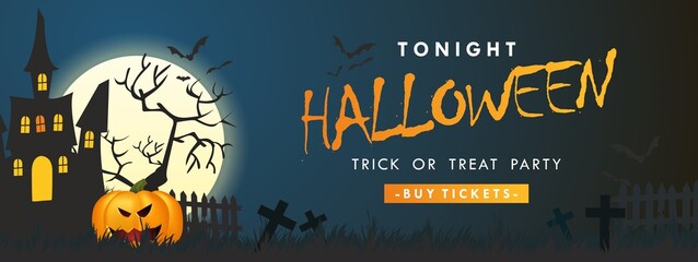 Halloween night background with pumpkin, haunted house and full moon. Vector illustration.