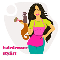 hairdresser, stylist holds spray, strand of hair for coloring. young woman with hairdressing tools. stylist by profession. it can be used for beauty website, blogs of hairdresser, colorist.