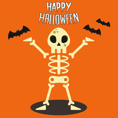 Human skeleton. Happy Halloween. White skeleton silhouettes isolated on orange background. Vector illustration. Party poster. 