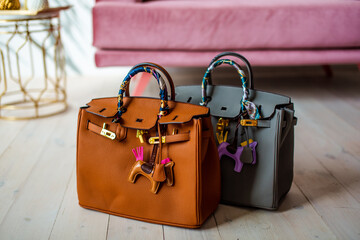 Multi-colored bags for women, photo in a colored interior and in the hands of a girl. natural light