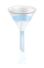 Vector illustration of chemical glass laboratory plain funnel with filter paper isolated on a white background. Funnel with short neck. Filtration, separating fluid from mixtures. Laboratory glassware