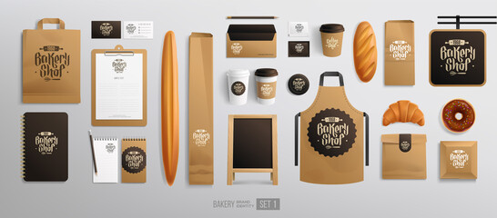 Bakery Shop branding package mock-up set with logo design. Corporate identity mockup. Bakery food cardboard package. Realistic MockUp set of logo, uniform, plastic cup, food truck, paper bag