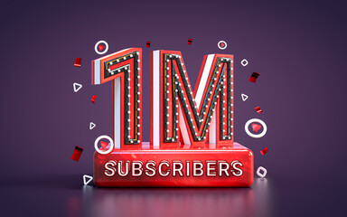 1 million subscribers followers celebration. 3d render Social media congratulation card background
