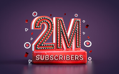 2 million subscribers followers celebration. 3d render Social media congratulation card background