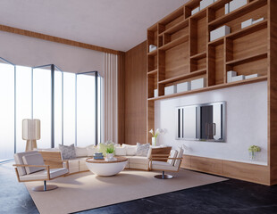 3d rendering,3d illustration, Interior Scene and  Mockup,living room wall decoration red brown wooden floor white wall.