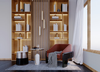 3d rendering,3d illustration, Interior Scene and  Mockup,Corner bookshelf, white wall, wooden shelf with LED lights Warm white color, armchair in the middle of the room.