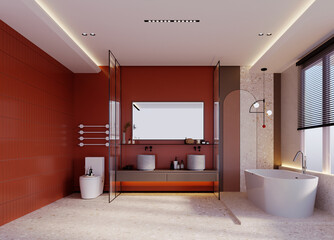 Fototapeta na wymiar 3d rendering,3d illustration, Interior Scene and Mockup,Orange wall bathroom with stone decoration.
