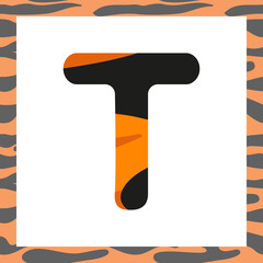 Letter T with tiger pattern. Festive font and frame from orange with black stripes alphabet, symbol for New Year and Christmas
