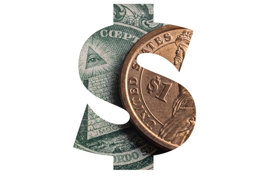 Fragments of a 1 American dollar coin and banknote inserted into the outline of a dollar symbol 