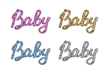 Gold, silver, blue and pink Baby hand lettering with glitter texture on a white. Vector set for girl and boy. Design template for greeting card, banner, invitation, sticker, sign, logo, emblem and tag