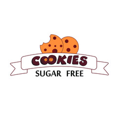 Cookies sugar-free logo, two light beige cookies with the chocolate chip on the white ribbon, hand lettering,  vector illustration. Logo. Bitten cookie. Cartoon Style for a card, packaging, Banner