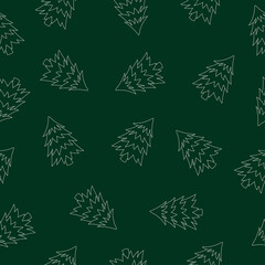 Fototapeta na wymiar Seamless pattern of white Christmas tree on green background. Pine tree. Line art. Doodle style. 