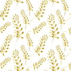  Vector seamless pattern with gold line garden flowers on white isolated background. Floral print hand painted.Design for wrapping paper,packaging,textiles,fabric,backdrop,wallpaper,scrapbook paper.