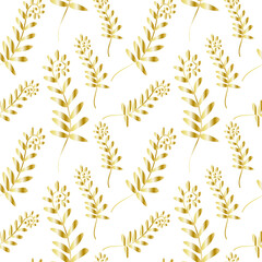  Vector seamless pattern with gold line garden flowers on white isolated background. Floral print hand painted.Design for wrapping paper,packaging,textiles,fabric,backdrop,wallpaper,scrapbook paper.