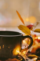 Flatley with cup of tea leaves, book, candle, and cozy lights
