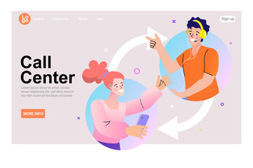 man with headphones and microphone with laptop. Customer service landing page. call center operator avatar. Online user or client support centre. Work, job, hotline Vector illustration in flat design