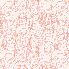 Continuous one line drawing woman face seamless pattern. Woman face line art