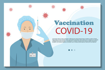 Banner with nurse, medical mask with syringe in hand, COVID-19 vaccination concept, healthcare and medicine concept, flat vector illustration
