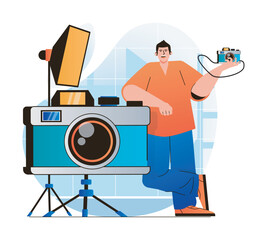 Photo studio concept in modern flat design. Man standing by huge photo camera works in professional with equipment. Photographer makes photoshoots, art and commercial photography. Vector illustration
