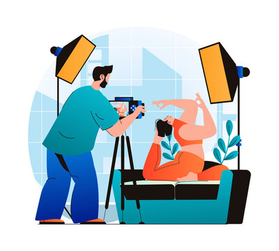Photo studio concept in modern flat design. Man photographer with photo camera works in professional salon with equipment, makes photoshoot for posing woman sitting in yoga asana. Vector illustration