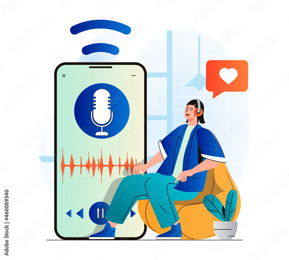 Poster podcast streaming concept in modern flat design. woman with headphones is enjoying podcast or listen