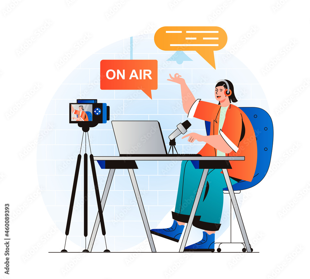 Poster podcast streaming concept in modern flat design. woman with headphones talking in microphone at live