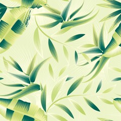 tropical floral strelitzia with colorful abstract banana leaves seamless pattern plant on green light background fashionable. floral wallpaper. ecotic summer vector design